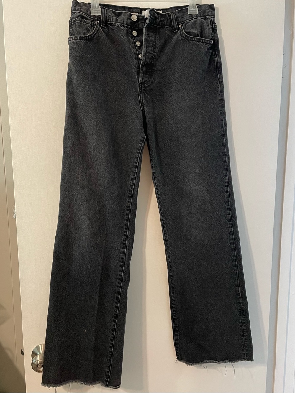 Mango MNG High Waisted Wide Leg Black Button-Fly Jeans Sz 10